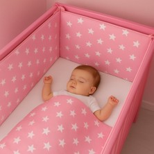 Jaju Baby Pembe Zemin (4 Kenar) Yıldız Beşik Kenar Koruyucu Beşik Kenar Koruma %100 Pamuk Kumaş 60x120