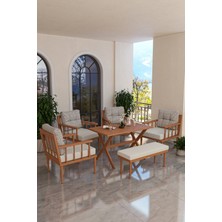 Kaktüs Avm Bahçe Balkon Takımı Masif Fırınlanmış Gürgen Ahşap 4 Tekli Koltuk + Bank + Masa