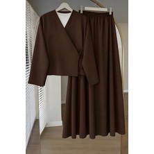 İmaj Butik Kahverengi Yandan Bağlamalı Dabıl Kimono Etekli Takım