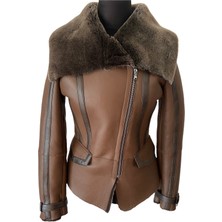 Asus Deri Tooma Içi Hakiki Kuzu Kürkü Biyeli Kadın Kahverengi Deri Ceket