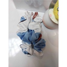 Minval Saten Kumaş Standart Boy Mavi Beyaz Scrunchie 3'lü Simit Toka