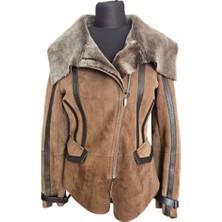 Asus Deri Tooma Içi Hakiki Kuzu Kürkü Biyeli Kadın Kahverengi Süet Ceket