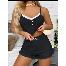 Pijamask Kadın Güpür Detatlı Desenli Şık Şortlu 2'li Takım