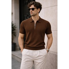 Tarz Cool Erkek Fermuarlı Polo Yaka Triko Tişört Slim Fit Dokulu Yazlık Şık Casual