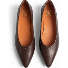 Ne&Ve Shoes Kahve Deri Çapraz Dikiş Detaylı Pimli Kadın Sivri Burun Babet