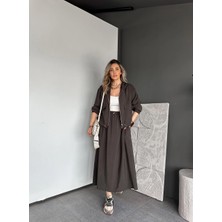 Qimya Butik Qimene Kadın Kapüşonlu Fermuarlı Üst Beli Büzgülü Lastikli Uzun Etekli Ince Alt Üst Ikili Takım