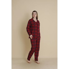 Ercan Kadın Kırmızı Ekoseli Boydan Düğmeli Pijama Takım