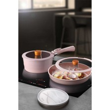 Es Dekor Midas Seramik Kaplamalı 6 Parça Ayrılabilen Saplı Iç Içe Geçebilen Tencere Seti - Pembe