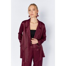 Tena Kadın Mürdüm Gold Tek Düğmeli Floş Saten Ceket