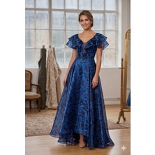 Prline Volanlı Yaka Organze Uzun Abiye Elbise