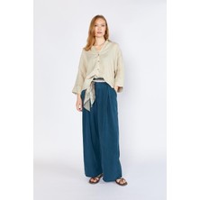Tena Kadın Lacivert YP5115 Çift Pileli Bol Paça Tencel Pantolon