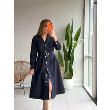 Qimya Butik Levure Kadın Kuşaklı Kruvaze V Yakalı Likralı Uzun Kollu Full Düğmeli Gömlek Elbise