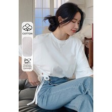 Tarz Cool Kadın Oversize Basic Haki Tişört Yan Bağlamalı Rahat Kesim Günlük Yazlık T-Shirt