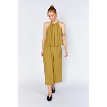 Tena Kadın Olive 171 Yaka Boncuk Aksesuarlı Bol Paça Pantolonlu Modal Takım