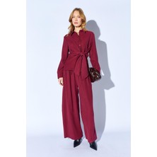 Tena Kadın Mürdüm Bağlamalı Gömlekli Bol Paça Pantolonlu Takım