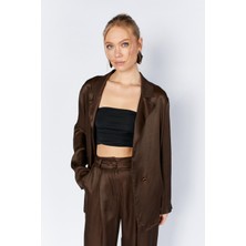 Tena Kadın Kahve Gold Tek Düğmeli Floş Saten Ceket