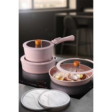 Es Dekor Midas Seramik Kaplama 9 Parça Ayrılabilen Saplı Iç Içe Geçebilen Tencere Tava Seti - Pembe