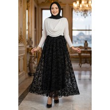Hafsa Mina Flok Baskılı Astarlı Çiçek Desenli Tül Etek Siyah HM2902