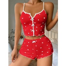 Pijamask Kadın Kalp Desenli Şık Şortlu 2'li Takım