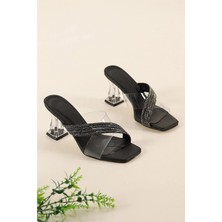 Firibu Taşlı Şeffaf Topuklu Bantlı Topuklu Terlik Ayakkabı