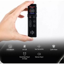 Siyah 64GB Dijital Ekranlı Ses Kayıt Cihazı Ekrandan Kayıtlarınızı Seçip Dinleme Kayıt Li-Ion Dayanıklı Batarya
