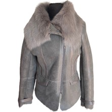 Asus Deri Tooma Içi Hakiki Kuzu Kürkü Biyeli Kadın Gri Süet Ceket