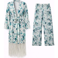 Senna Design Kadın Desenli Kuşaklı Kimono ve Bol Paça Pantolon Takım - Mix