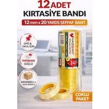 12 Adet Kırtasiye Bandı 12 mm x 20 Yards Şeffaf Bant Ofis Okul Ev Kullanımı Dayanıklı Yapışkan Bant