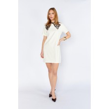 Tena Kadın Krem 5704 Yakası Fularlı Kısa Kollu Mini Elbise