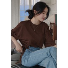 Tarz Cool Kadın Oversize Basic Haki Tişört Yan Bağlamalı Rahat Kesim Günlük Yazlık T-Shirt