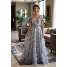 Prline Pileli Kısa Kollu Uzun Desenli Abiye Elbise