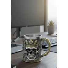 TechnoStation King Skull Serisi Çelik Kupa - Antik Gümüş Görünümlü 3D Kurukafa Mug Paslanmaz Çelik Metalci