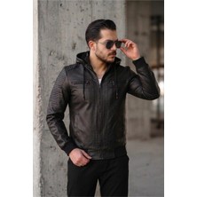 Oksit Kegg Erkek Siyah Slim Fit Kapüşonlu Omuz Detaylı Suni Deri Ceket
