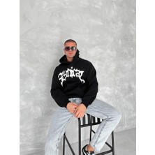 Evyora Unisex Üç Iplik Kapşonlu Baskılı Sweatshirt - Siyah