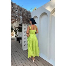 Evyora Yağ Yeşili Askılı Aparatlı Brode Elbise