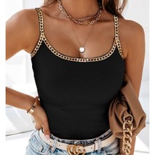 Evyora Kadın Askılı U Yaka Zincir Şeritli Kaşkorse Bluz