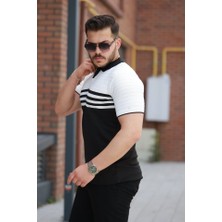 Evyora Erkek Çizgi Desenli Yakalı Kısa Kollu T-Shirt