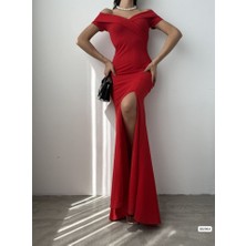 Evyora Kadın Dalgıç Kumaş Kayık Yaka ve Dekolte Detaylı Elbise