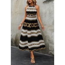 Evyora Kadın Kolsuz Boyundan Bağlamalı Beli Lastikli Dijital Baskı Süprem Uzun Elbise