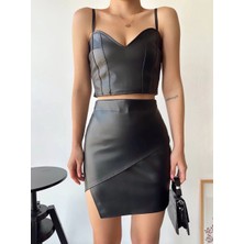 Evyora Kapaklı Asimetrik Model Deri Etek Siyah S240106