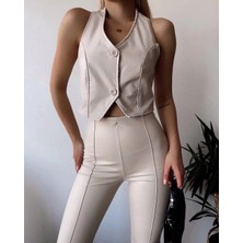 Evyora Iki Düğmeli Deri Yelek Krem S243001