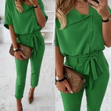 Evyora Kadın Kısa Kollu Yakalı Önden Düğmeli Bürümcük Bluz ve Pantolon Ikili Takım