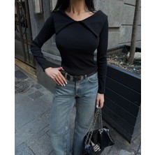 Evyora Kelebek Yaka Uzun Kol Bluz Siyah