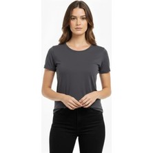 Evyora T-Shirt Bisiklet Yaka Slim Fit Likralı Tişört Günlük Basic Body - Füme
