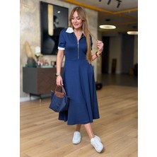 Evyora Kadın Kısa Kollu Ribana ve Fermuar Detay Midi Boy Elbise