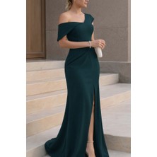 Evyora Kadın Tek Omzu Açık Kısa Kollu Önden Yırtmaçlı Uzun Ithal Krep Elbise