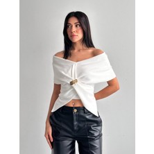 Cemo Kadın Omzu Açık Tokalı Asimetrik Triko Bluz