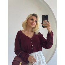 Fehu Bloom Oversize Düğmeli Merserize Hırka Bordo