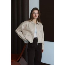 Fehu Bloom Bej Şerit Detaylı Bomber Ceket