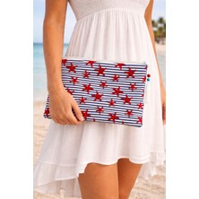Uretti - Sümeyya 2589 2454 El Yapımı Deniz Yıldızlı Boncuk Işlemeli Çizgili Model Clutch Çanta
